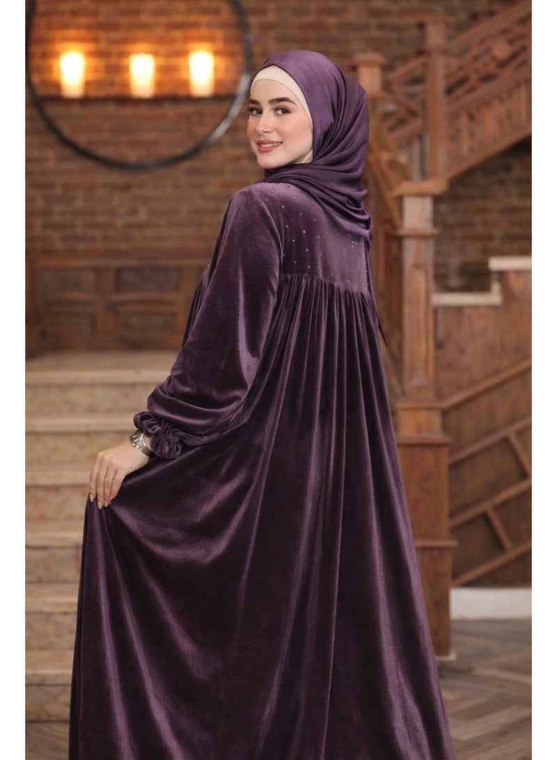 Women’s Velvet Prayer Dress (Isdal) – Elegant Design with Subtle Sparkle – Loose Fit with Matching Hijab - Purple - Image 2